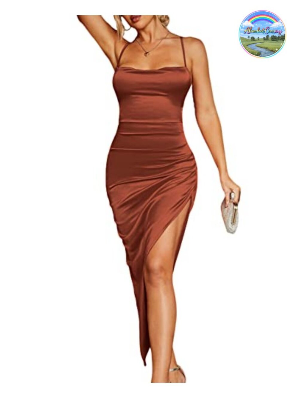 Satin Silk Midi Dress Backless Bodycon Cowl Neck Slit
